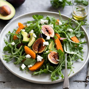 Carrot and arugula salad with figs, goat cheese and avocado